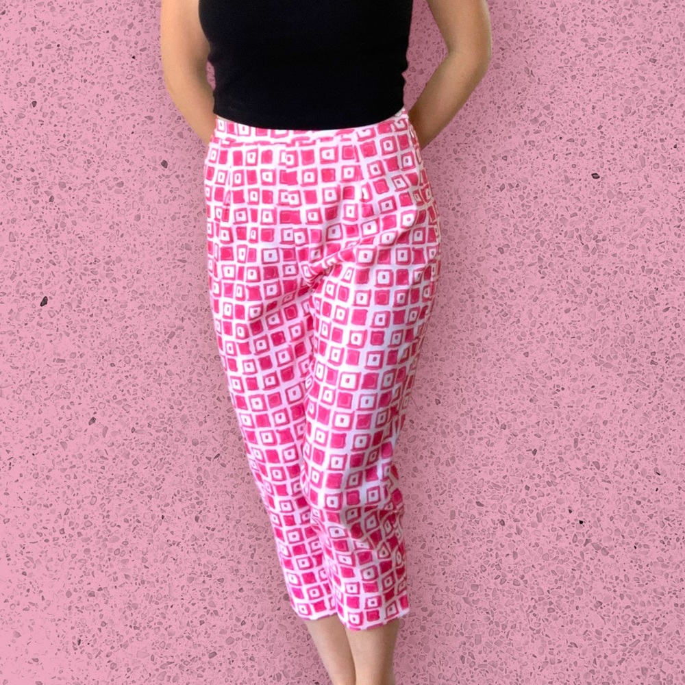 Vintage Island Silk Pink & White Geometric Print High Wasted Ankle Pants